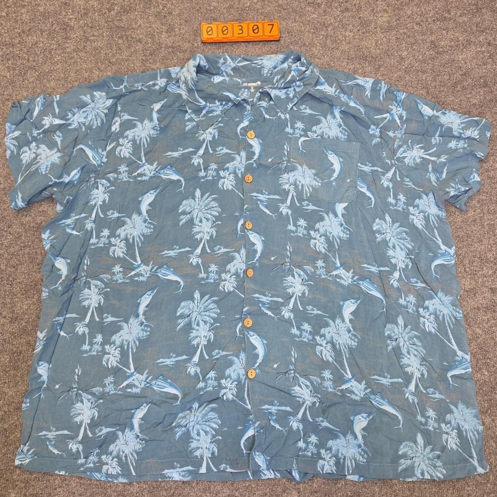 KS Island blue & gray button-up shirt with white palm trees and sword fish,3XL.